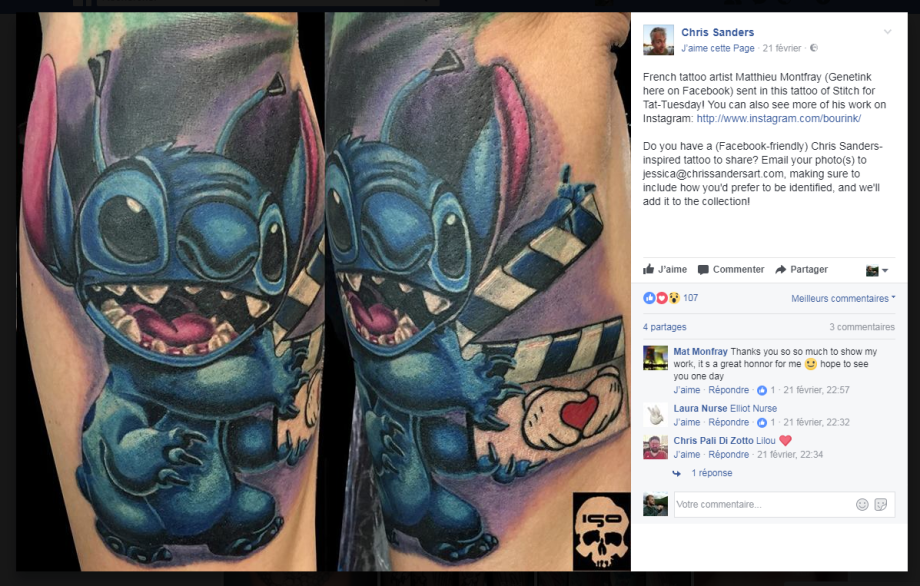 Notre tattoo Lilo et Stitch relayé par le réalisateur - Crock'Ink